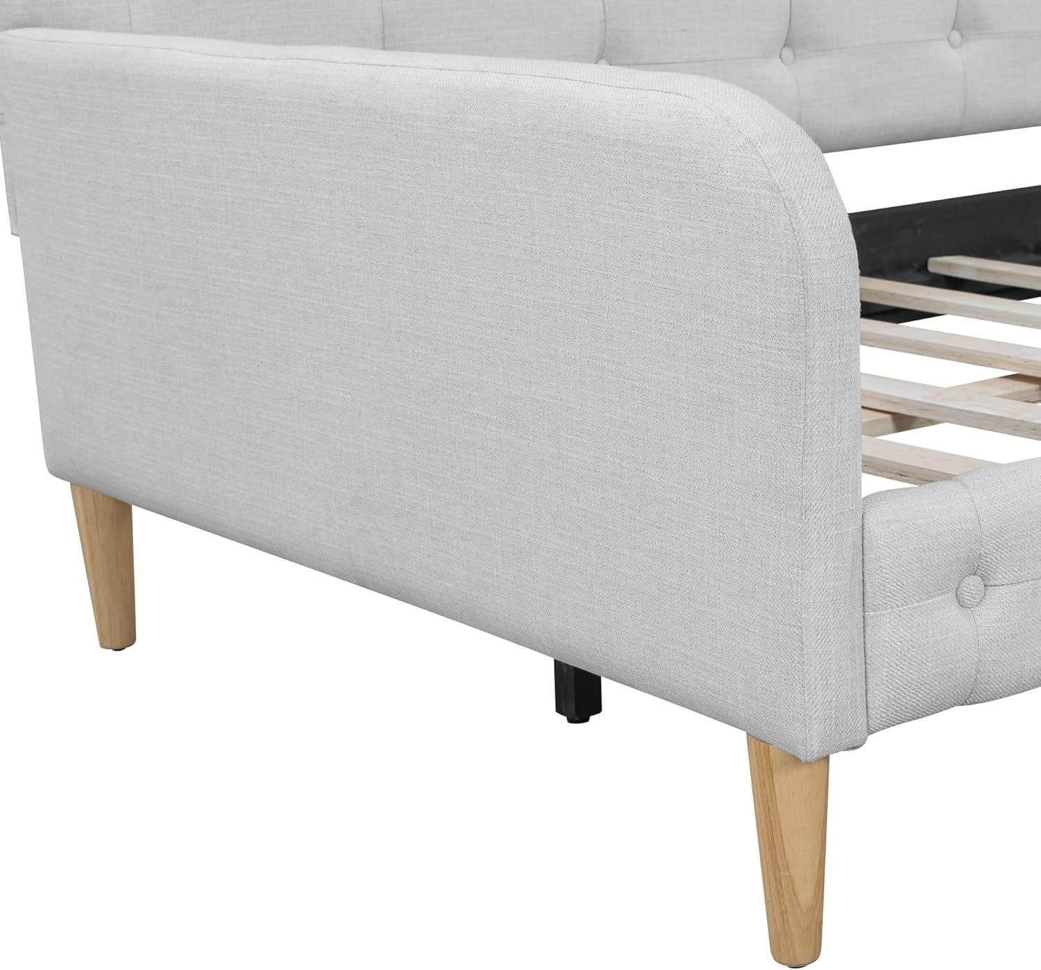 Twin Size Upholstered Daybed W/ 4 Support Legs Linen Sofa Bed Frame W/ Button