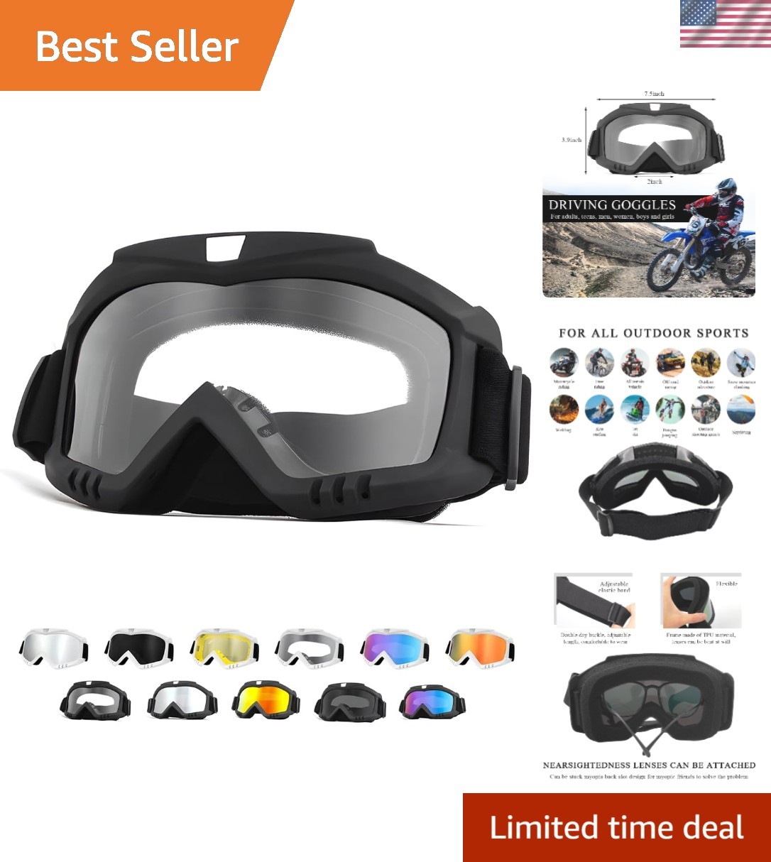 Windproof Dirt Bike Goggles with UV Protection - Black-Transparent