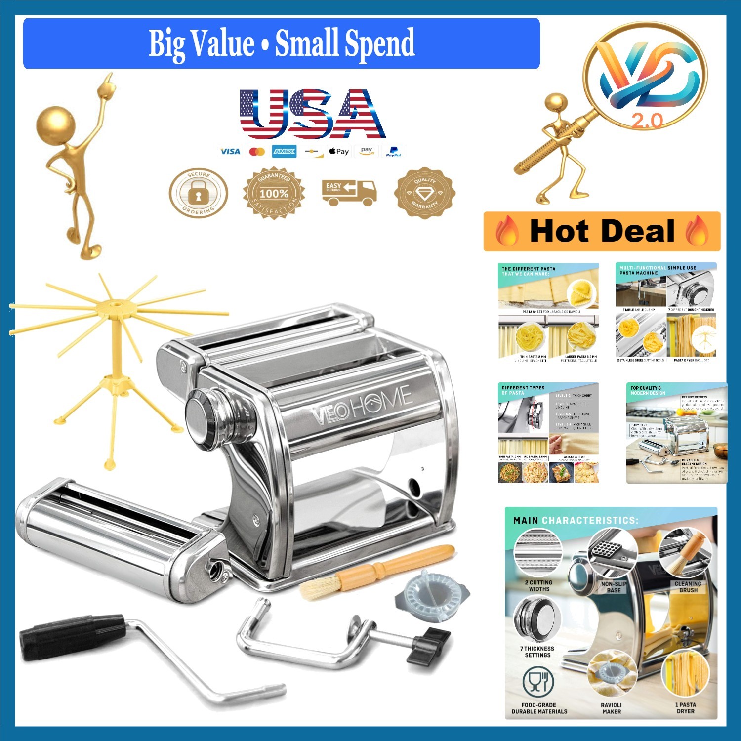 Manual Stainless Steel Pasta Maker with Dryer, 7 Thickness Settings, Cutter