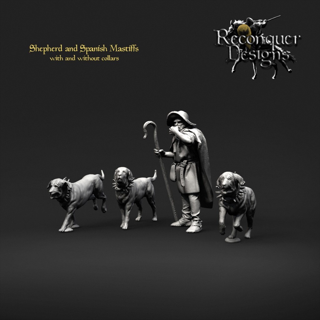 Reconquer Designs Miniatures Medieval Shepherd and Spanish Mastiffs DnD NPC 28mm