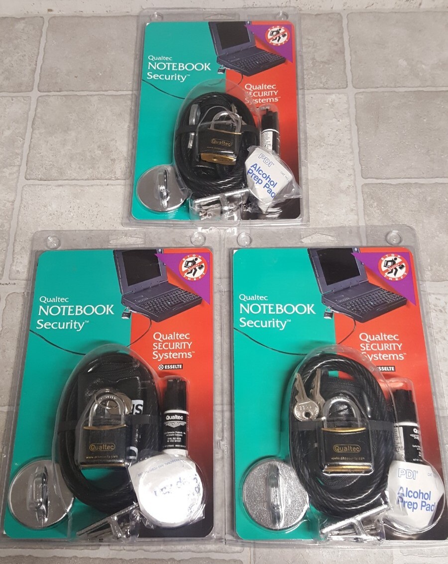 NEW Lot of 3 Qualtec NOTEBOOK Security Laptop Cable Lock Kit SEALED