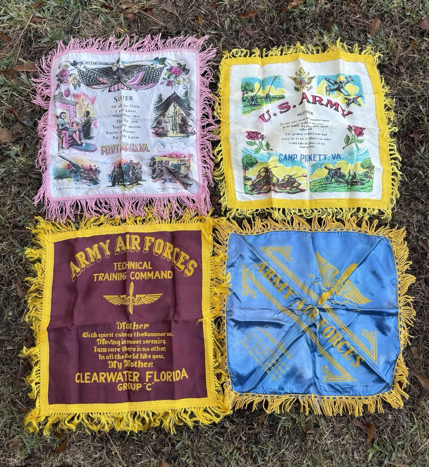 Lot Of 4 WW2 Silk Sweetheart US Army Air Corps Pillow Cases Flags Sister Mother