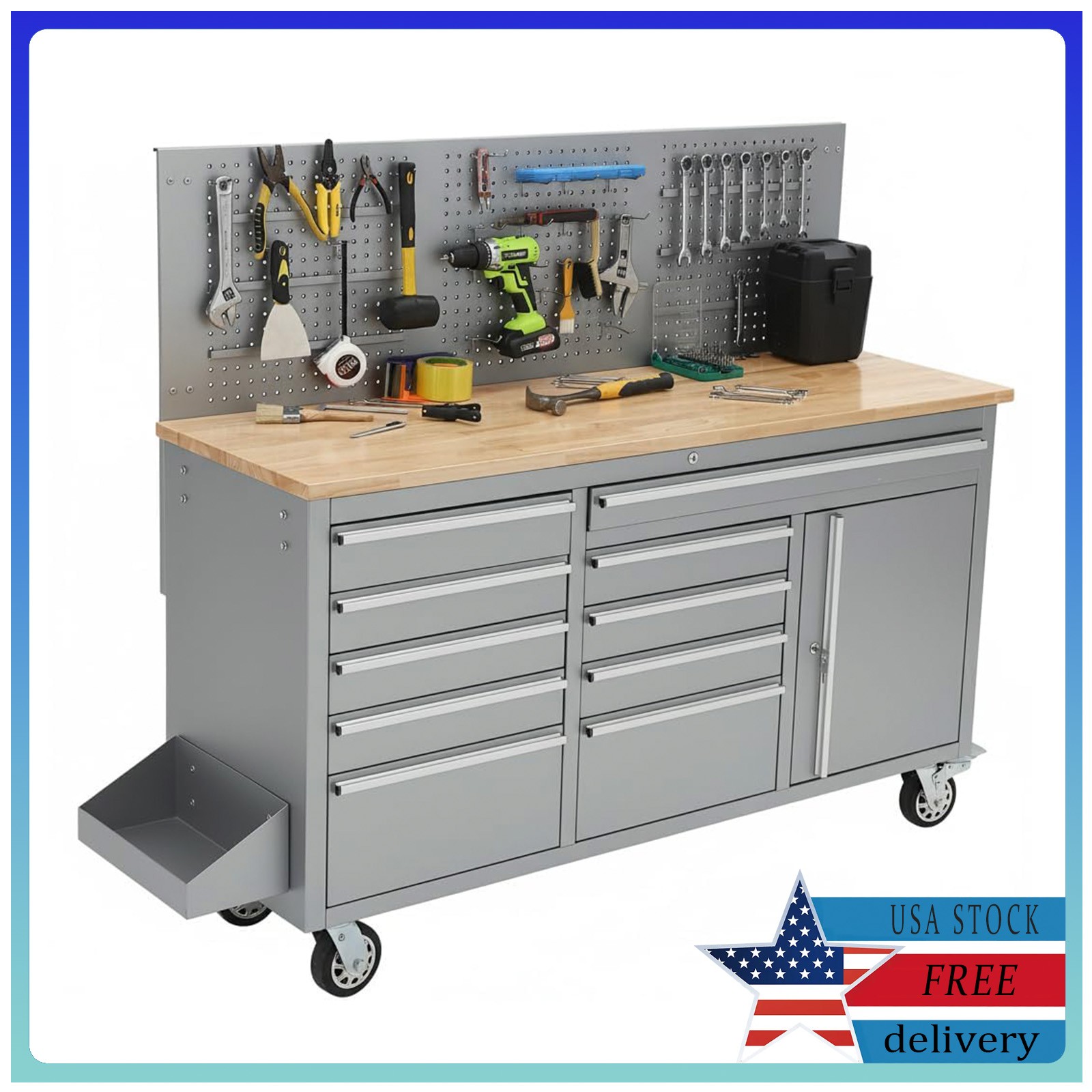 61-inch Rolling Workbench 10 Drawers Garage Workbench Storage Tool Cabinet
