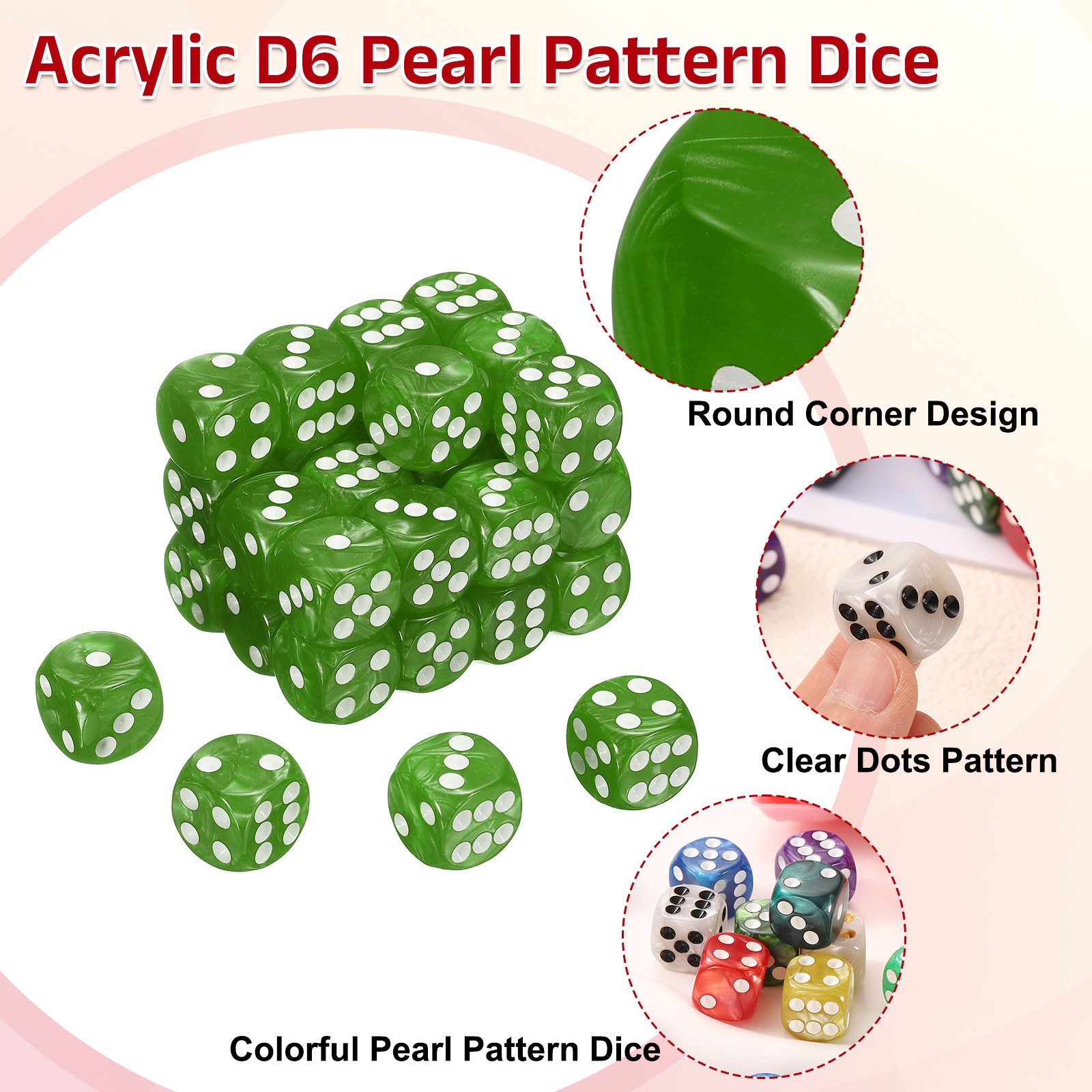 48Pcs 6 Sided Colored Standard Dice, Acrylic D6 Pearl Pattern Dice, Green