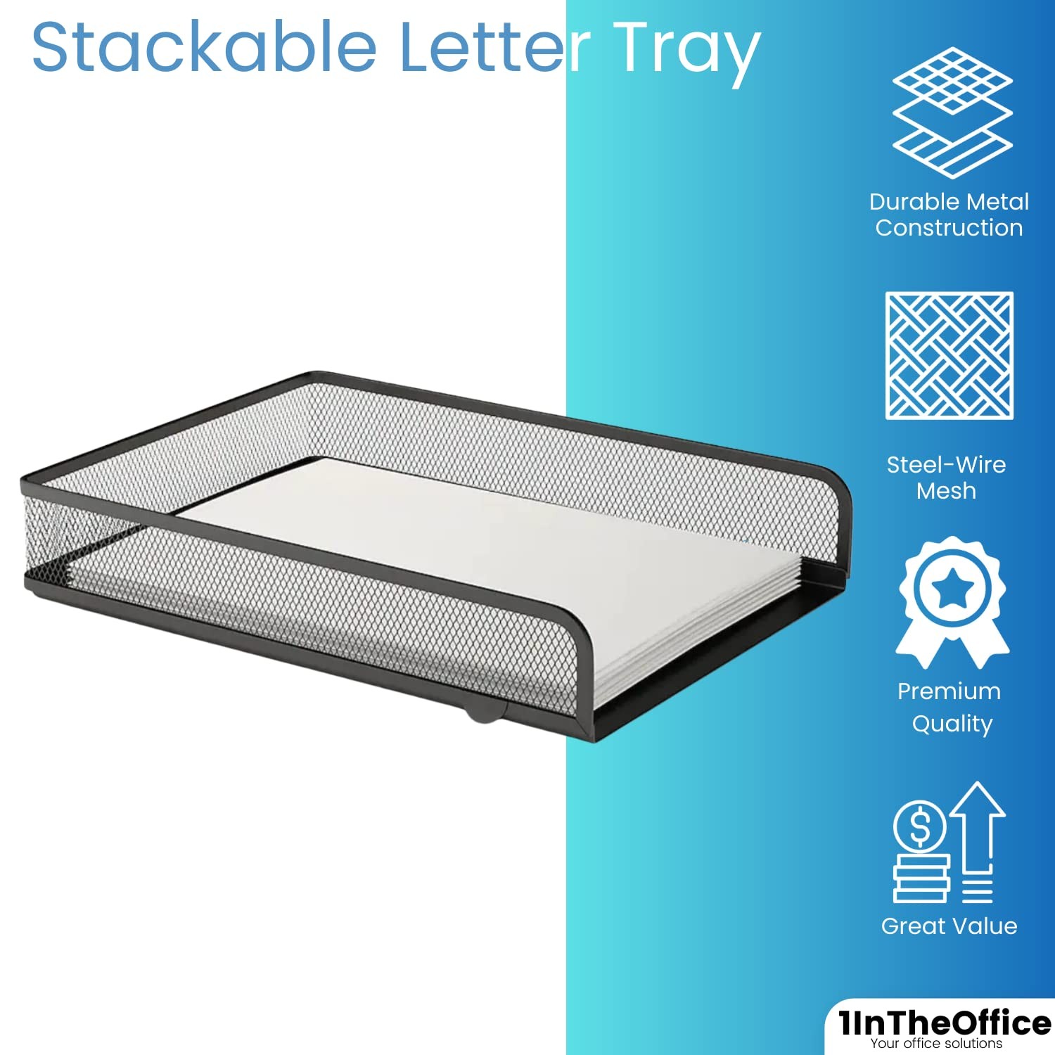 2 Pack Desk Trays Stackable Letter Tray Matte Black Wire Mesh Front-Load