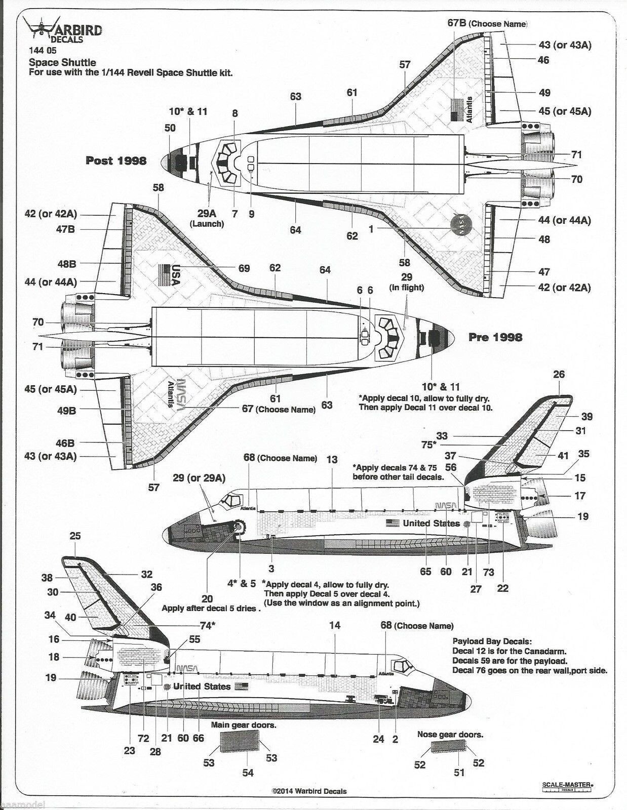 Warbird 1/144 Space Shuttle Decals 14405 For Revell