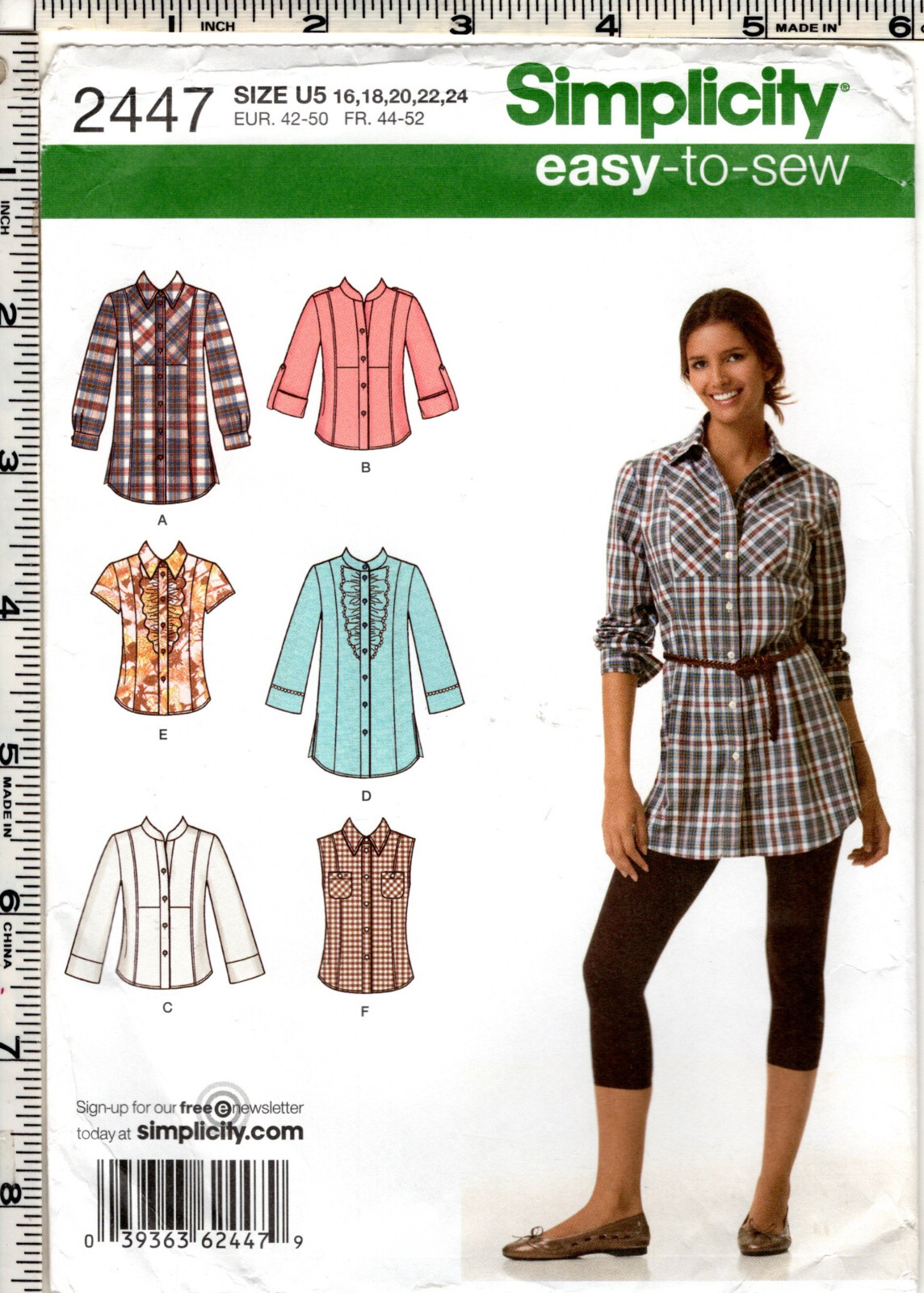 Misses' Shirt in 2 Lengths w/Front, Collar & Sleeve Variations ©Simplicity 2447