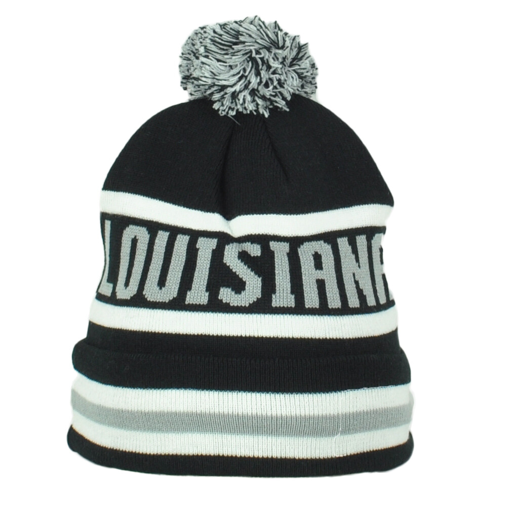 Top Level Lousiana State USA Logo Pom Pom Cuffed Black Knit Beanie Hat Winter