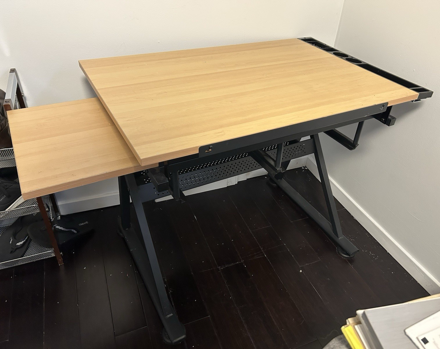 Brentonis Rectangle Maple Finish Wood and Black Metal Drafting Table