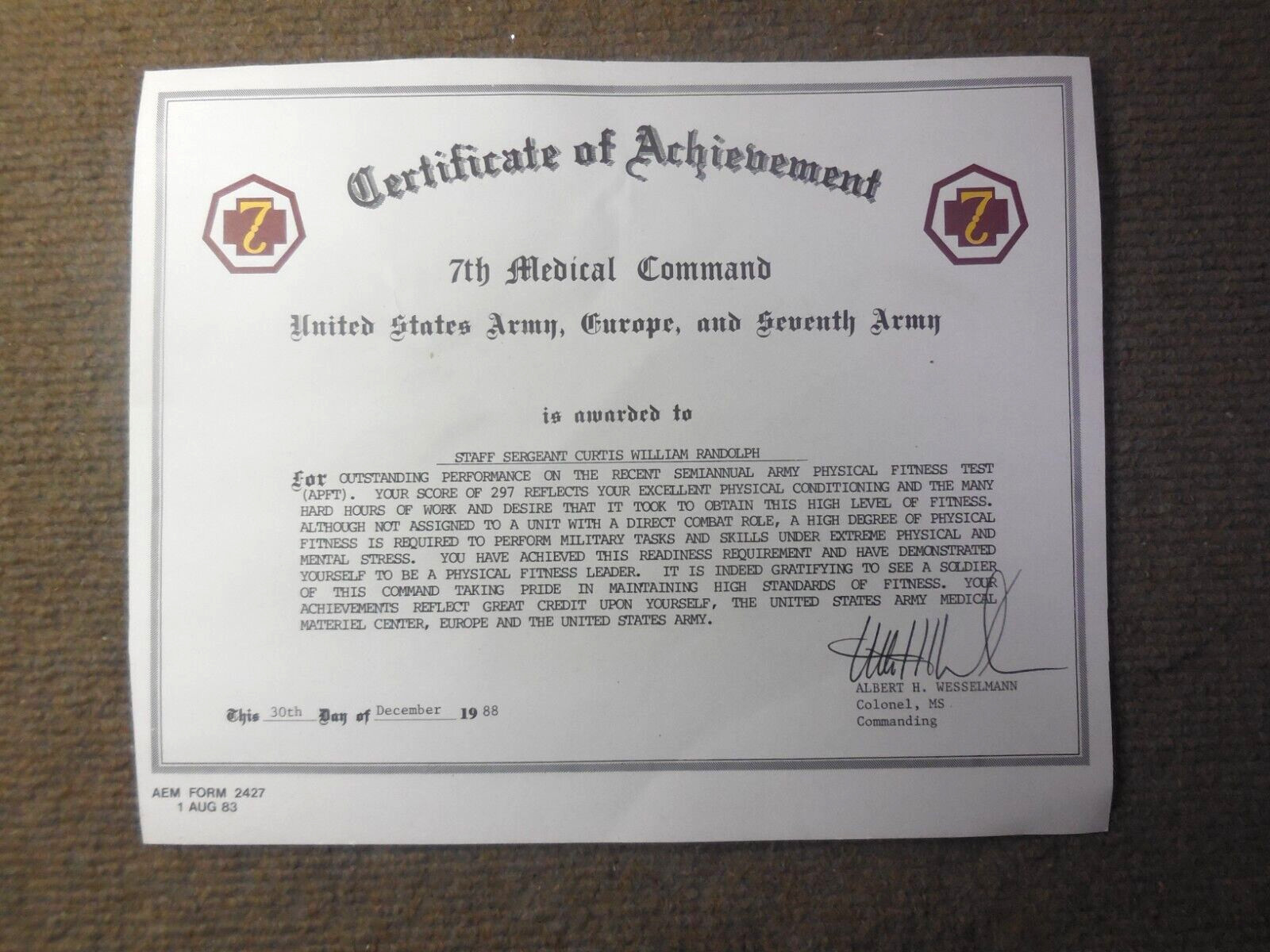 1988 USA Europe Seventh Army 7th Medical Command Certificate Of Achievement