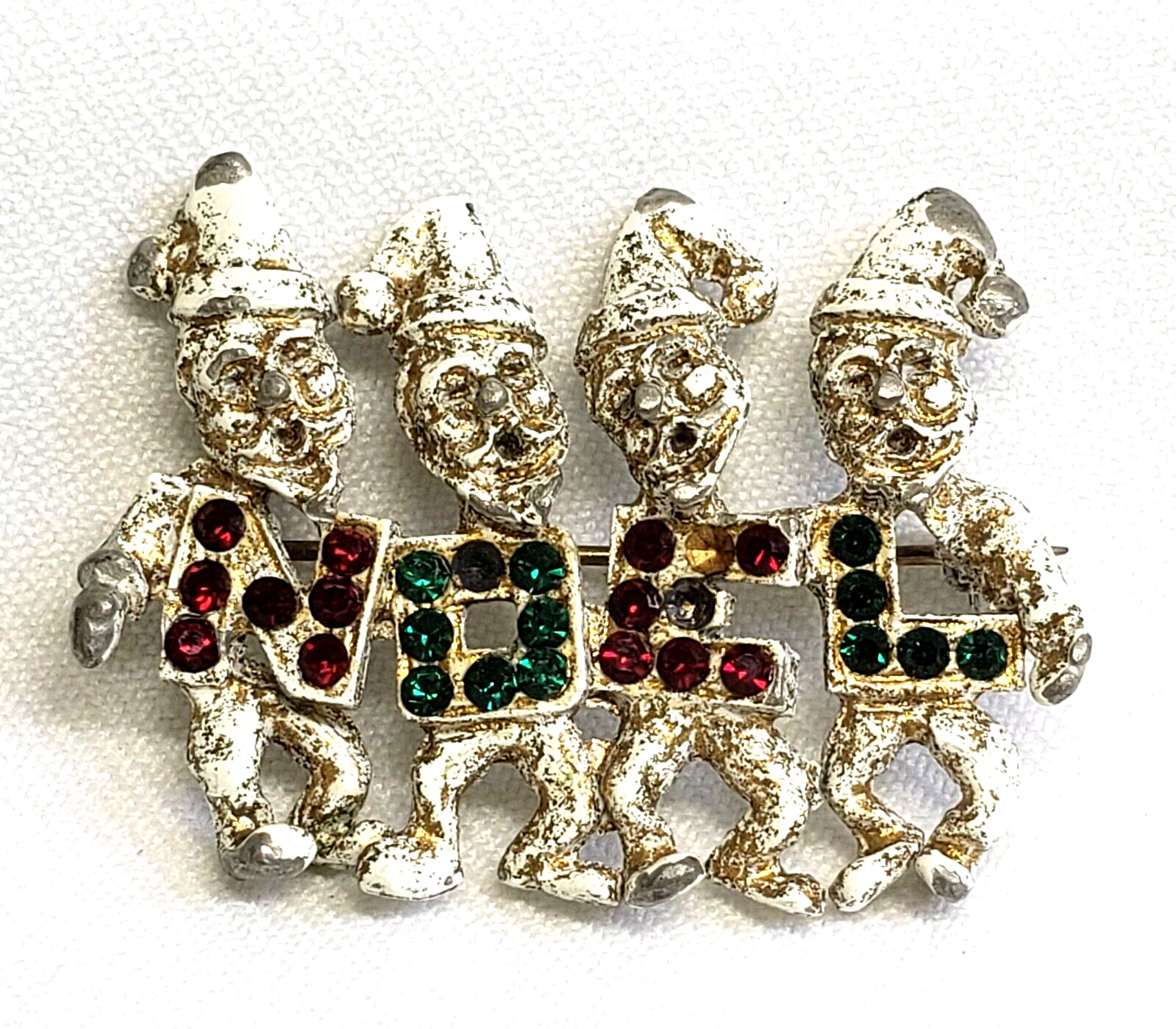 Vtg  Singing Elves Noel Rhinestones Christmas Pin Brooch