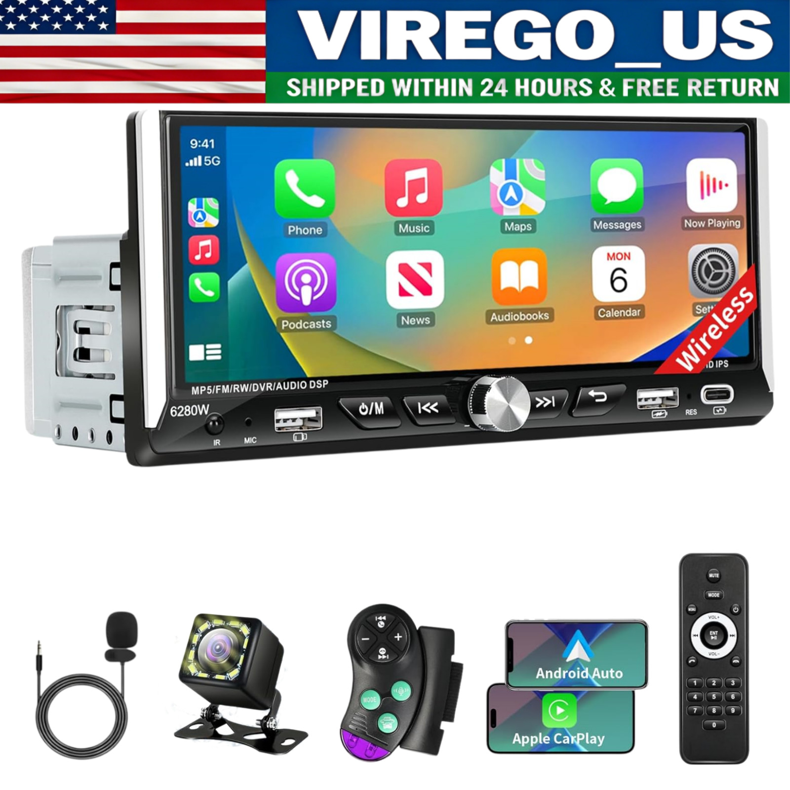 Single Din 6.9 Inch Car Stereo Wireless Carplay Android Auto Bluetooth GPS FM AM