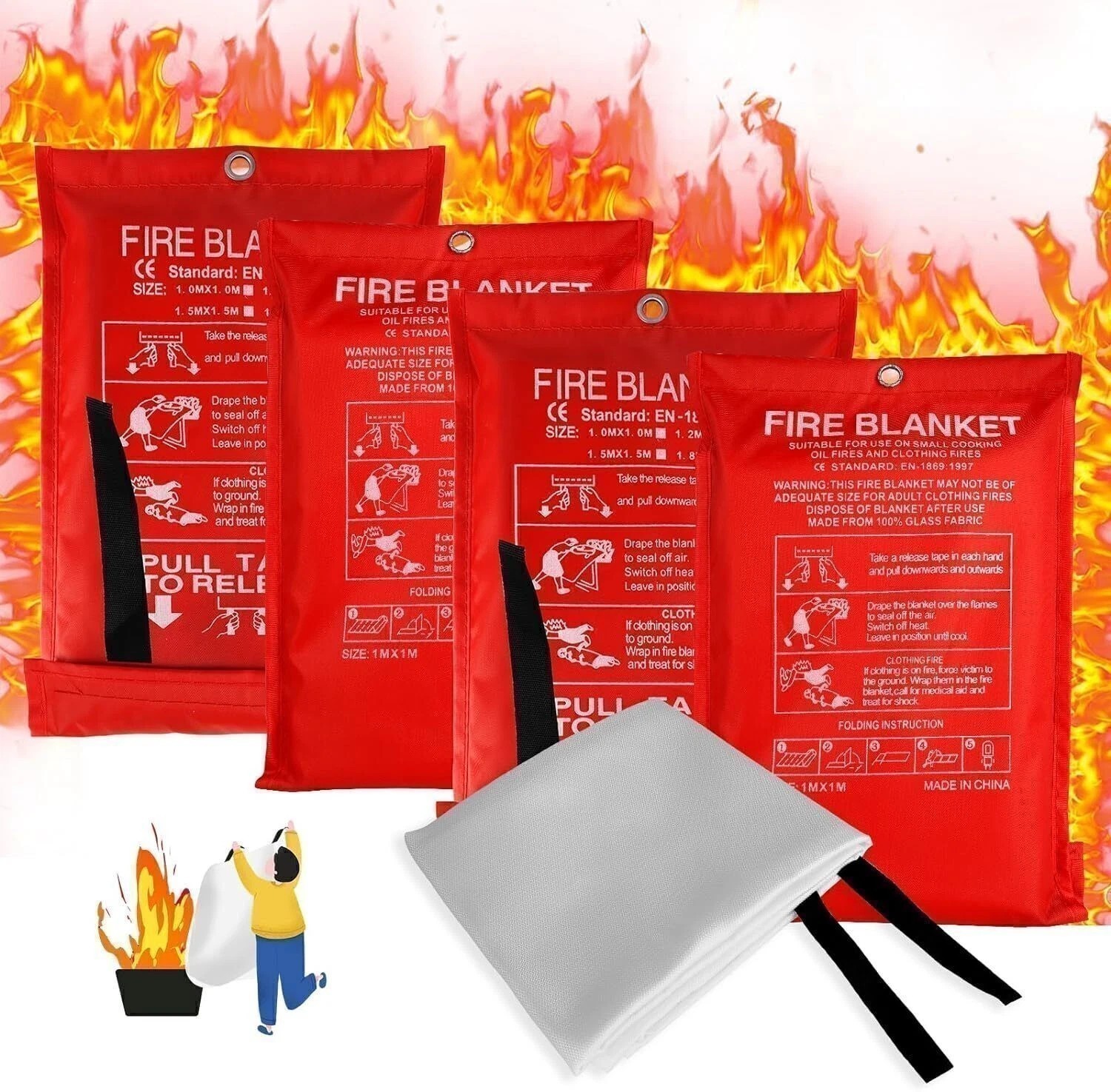 4 PACK FIRE BLANKET Fiberglass Hero 39''x39'' Emergency Home Retardant Prepared