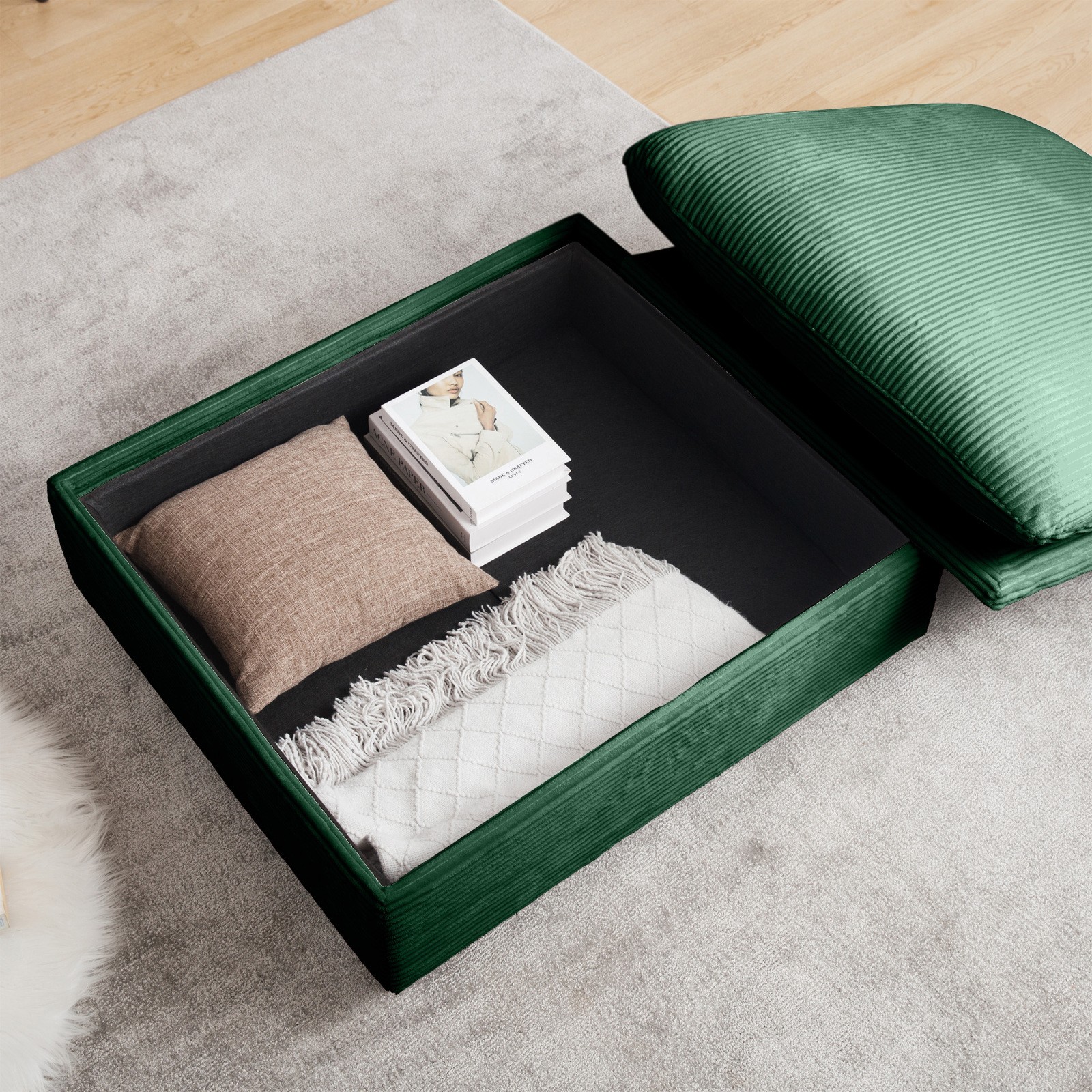 Green Corduroy Modular Sofa with Storage Ottoman, Deep Seat