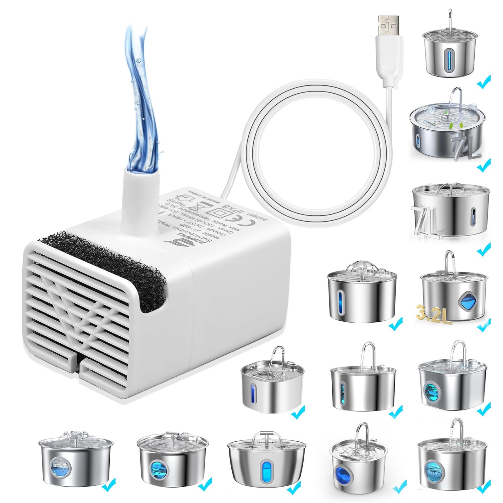 Cat Water Fountain Pump Replacement JY-830 Submersible Motor Regular, White