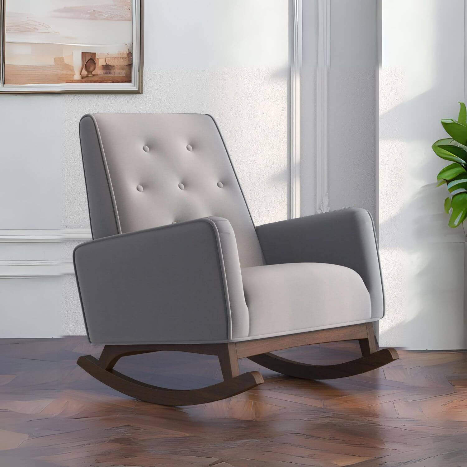 Ashcroft Demetrius Light Grey Velvet Fabric Nursery Rocking Chair