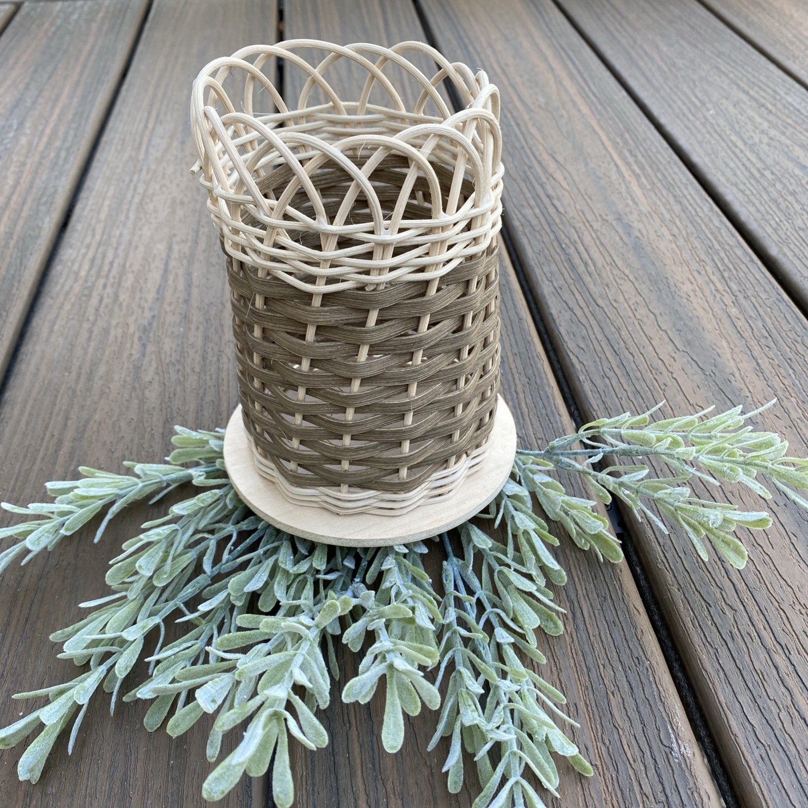Handmade  Looped Edge Tall Round Basket Natural & Brown 4 x 4 x 6.5 Tall