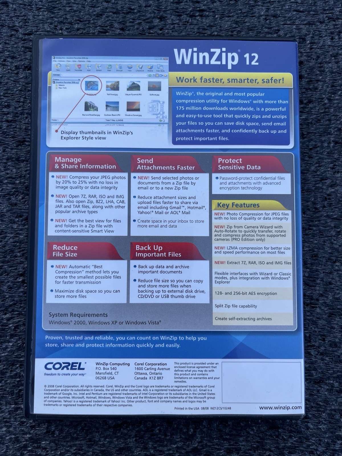COREL Winzip 12 Software CD Windows Standard And Pro Editions W/ Key