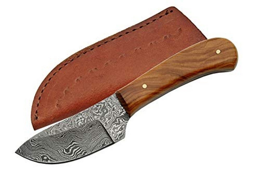 Damascus Skinner Olive Wood Handle Fixed Blade Knife Sheath - DM-1080OW