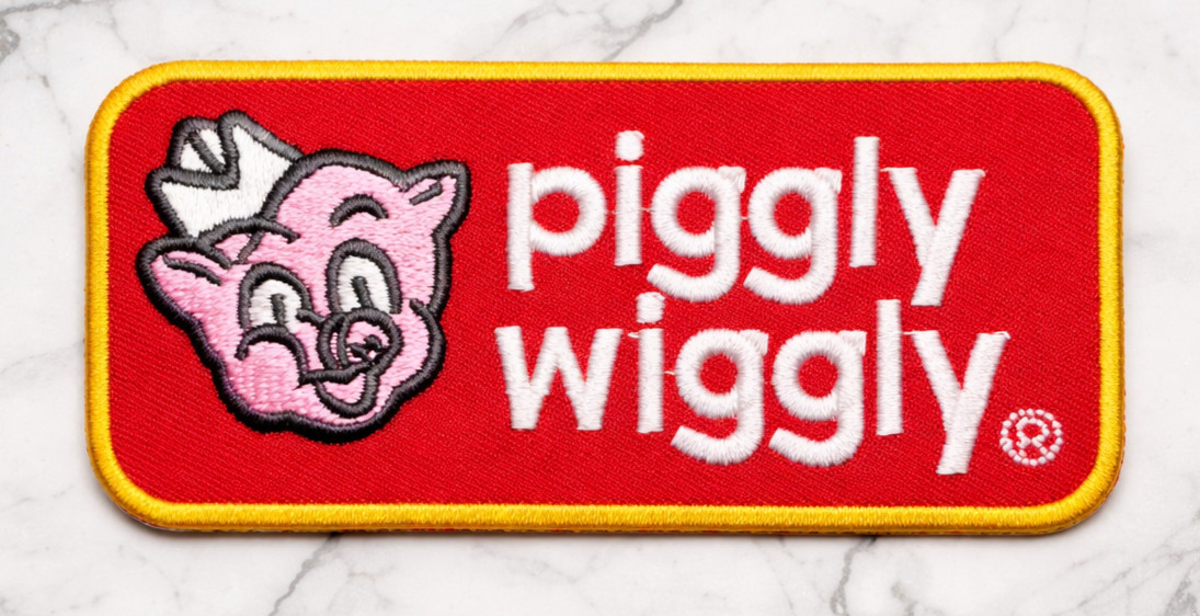 PIGGLY WIGGLY EMBROIDERED IRON ON PATCH 4"X2" FREE SHIPPING & TRACKING