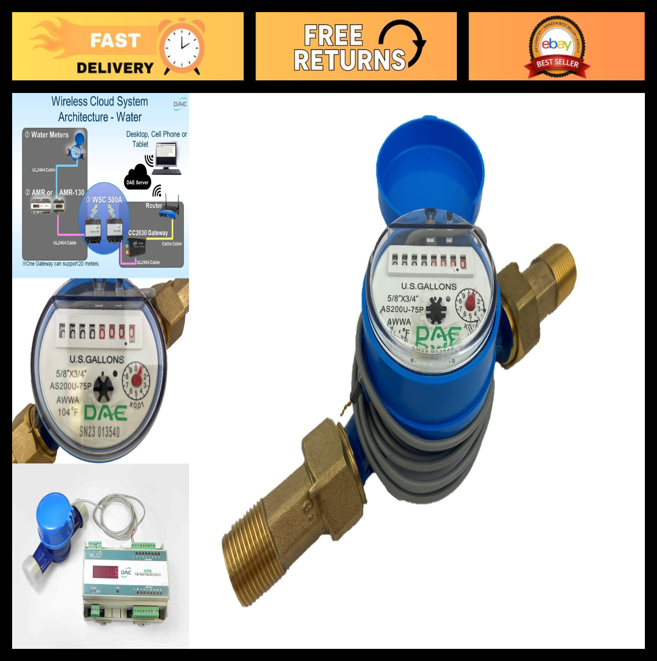 Water Meter with Pulse Output, 3/4" NPT Couplings, Gallon Measurement, Accurate