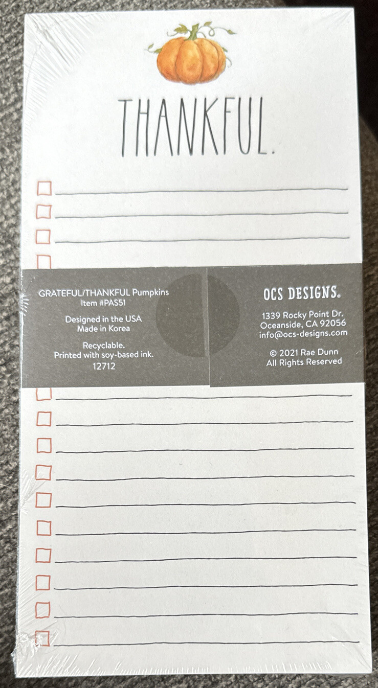 Rae Dunn Grateful./Thankful. Notepad Set Pumpkin New