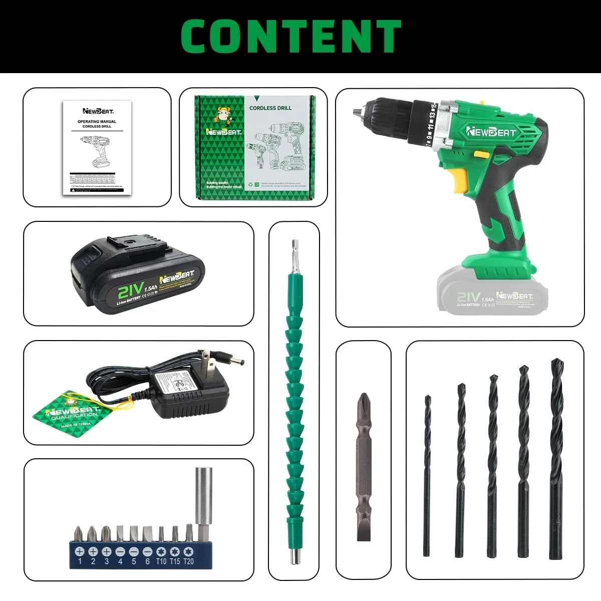 Variable Speed Cordless Drill Driver 21V Li-Ion Battery w/ LED Work Light