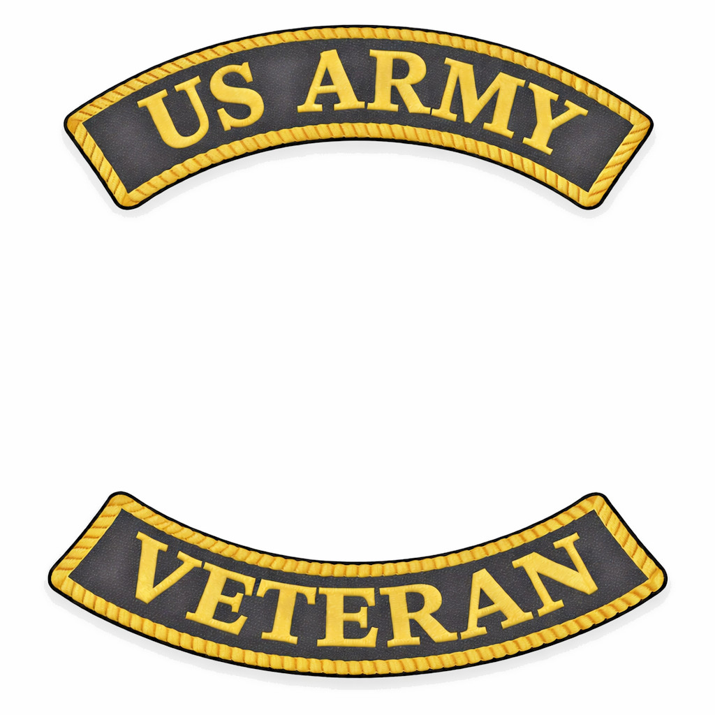 US Army Veteran Rocker Patch Set 12x3 Gold Black Biker Vest Patches