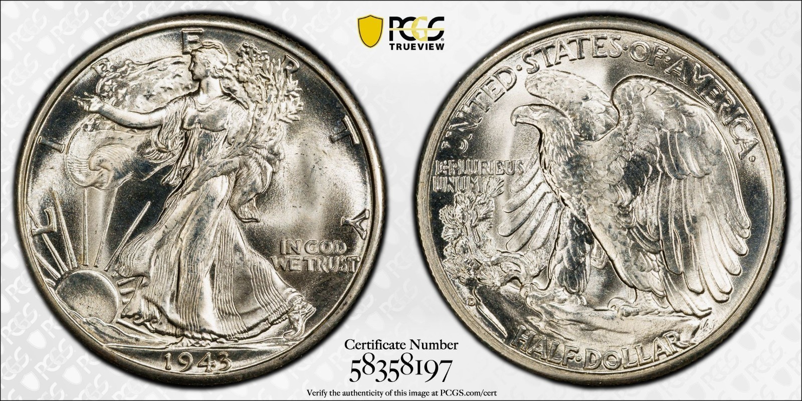 1943 D WALKING LIBERTY HALF PCGS MS 66 BLAZING LIQUID SILVER LUSTER OVER NEARLY