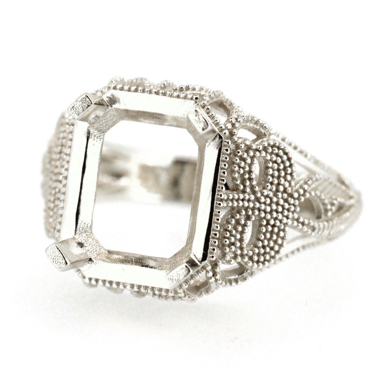 Sterling Silver Semi Mount Ring Setting Emerald Cut Oct 10x8mm