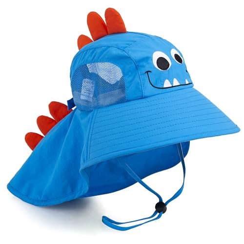 Kids Sun Hat UPF 50+ Boy Girl Protection Hat Wide Brim Beach Hats Dinosaur Blue