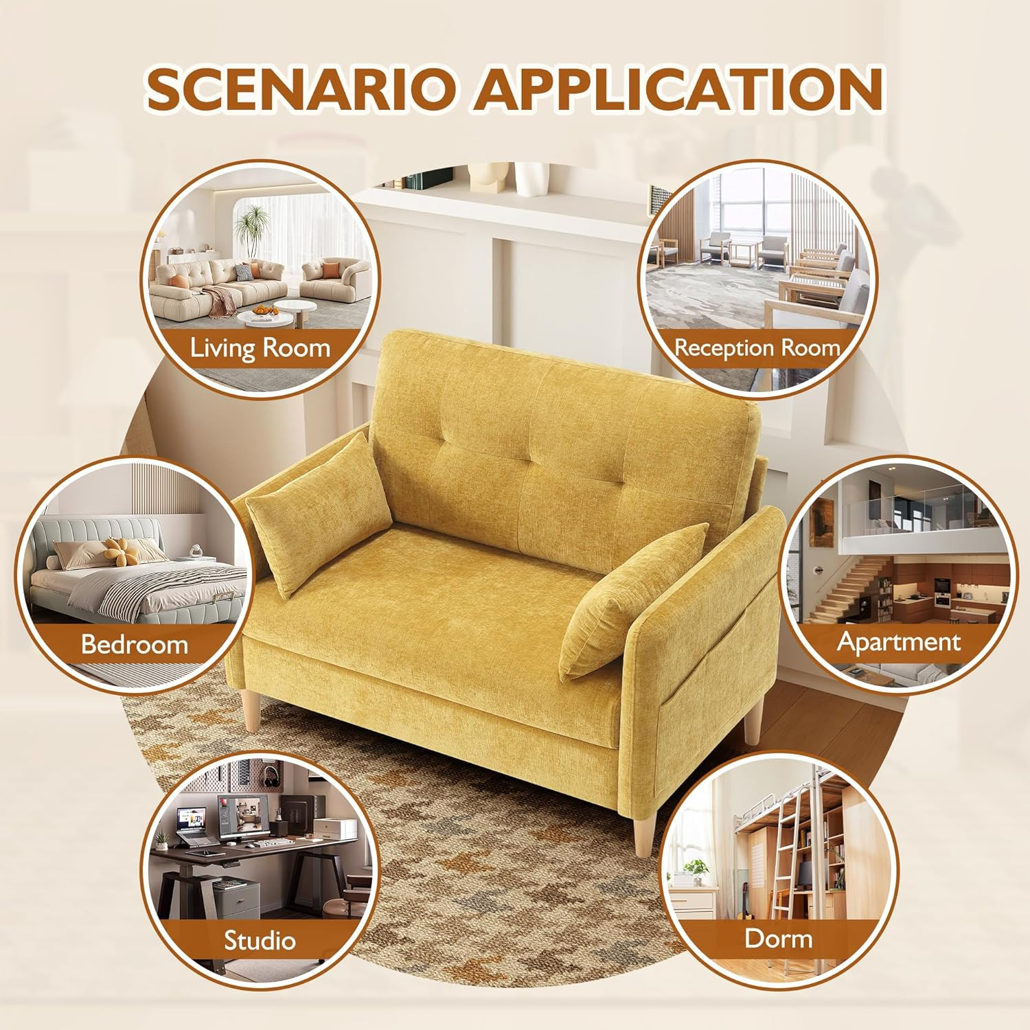 Urhanherry 47" Small Sofa Couch for Bedroom, Soft Chenille Loveseat Mini Couch w