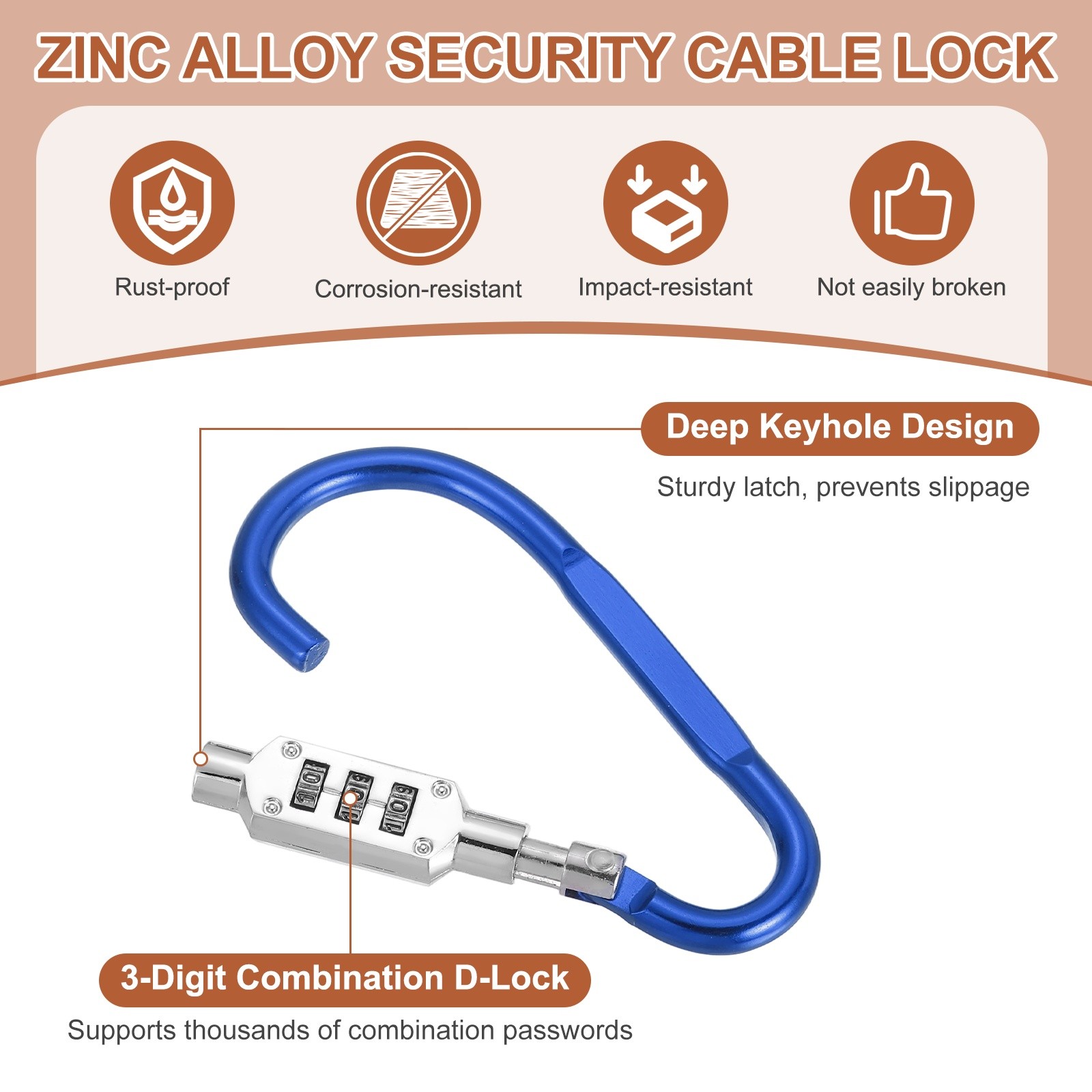 3.8" x 1.8" D-Shaped 3-Digit Code Combination Lock D-Ring Clip Locking, Blue