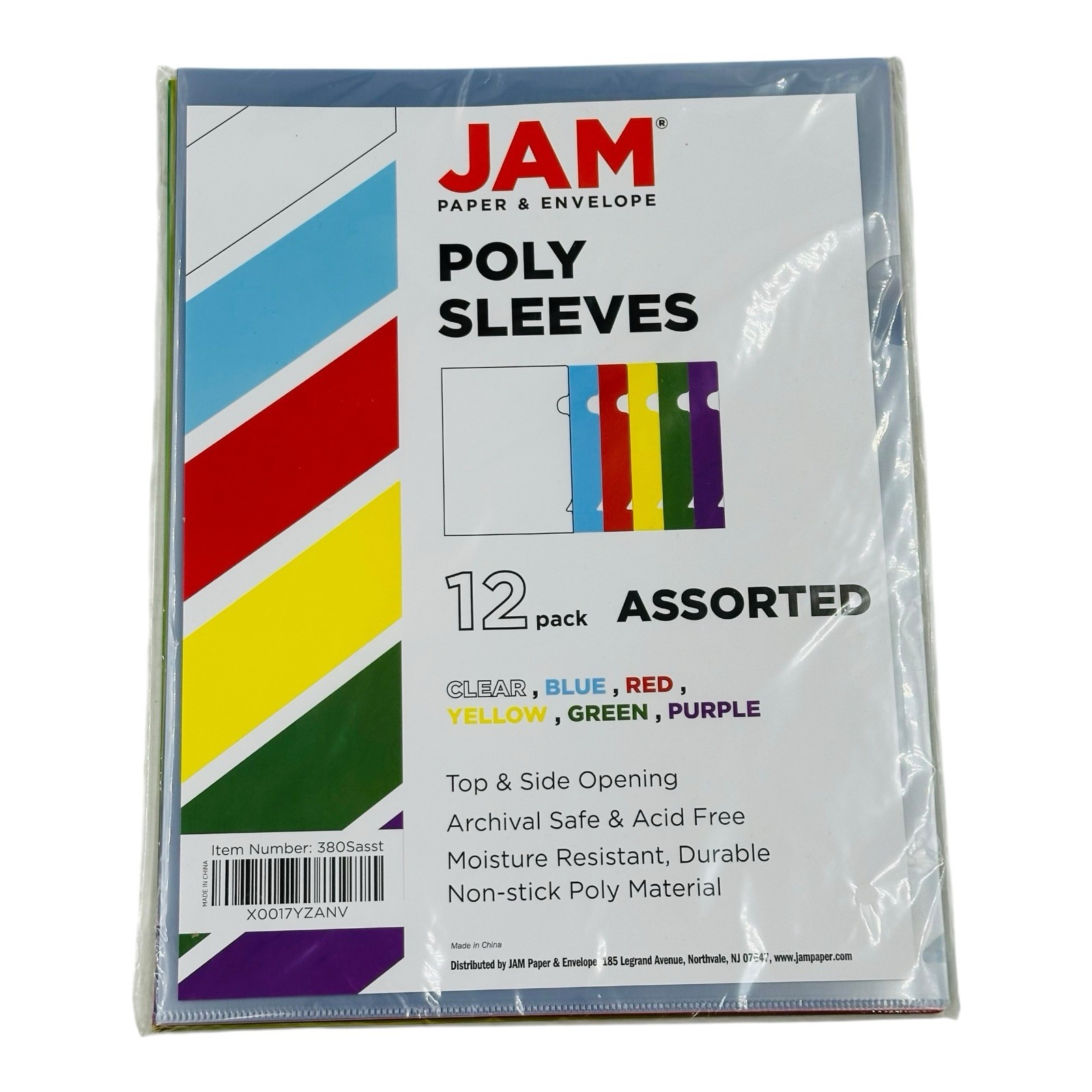 12 Sleeves Jam Paper Letter Size Poly Sleeves Assorted Color Top & Side Opening
