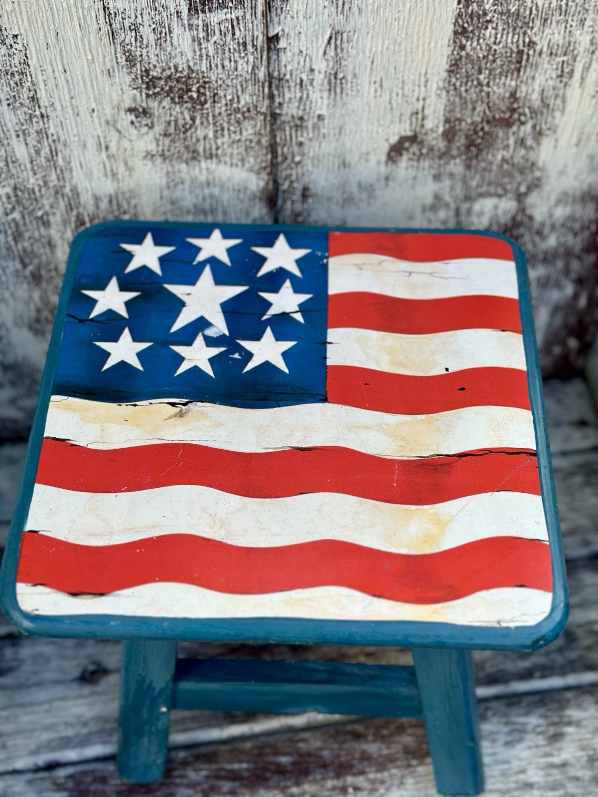 VTG Americana Theme Rustic American Flag Wood Foot/Stepping Stool Thailand