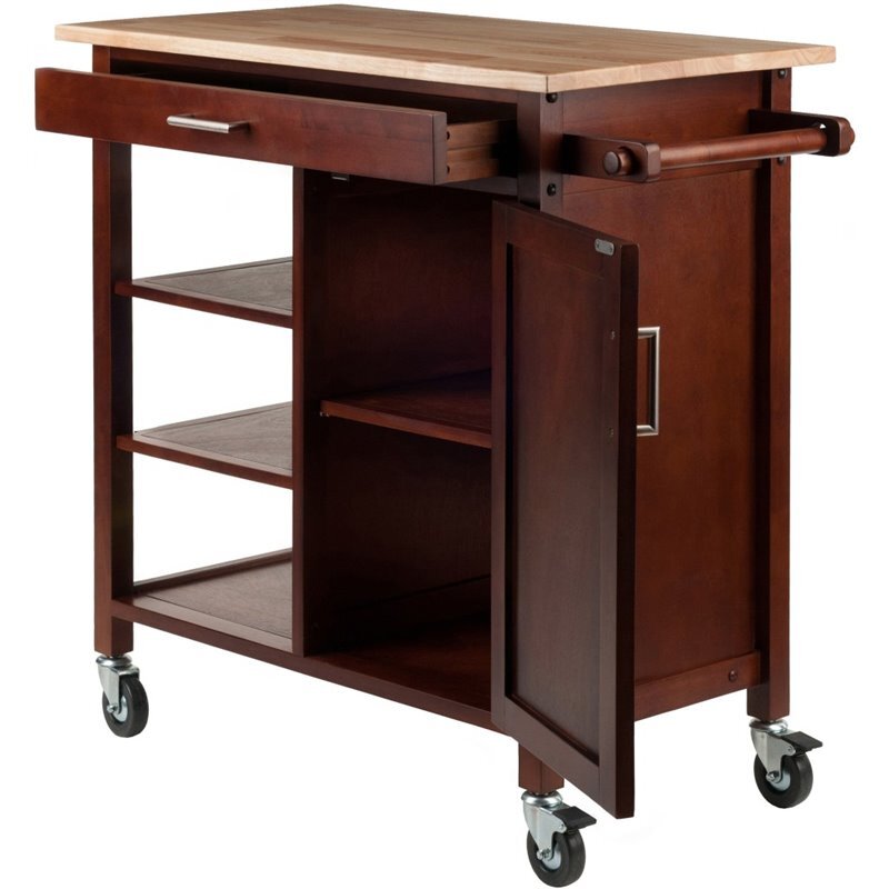 Pemberly Row 34.61"H Transitional Solid Wood Kitchen Cart in Walnut/Natural