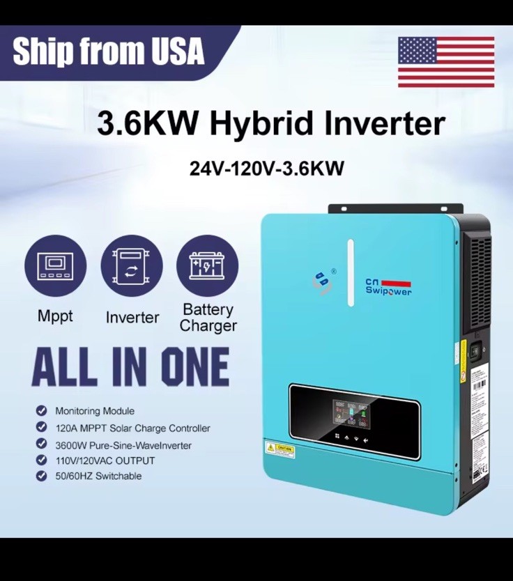 CNSWIPOWER Hybrid inverter pure sine wave 24V to 120V 3600VA/3600W MPPT Solar