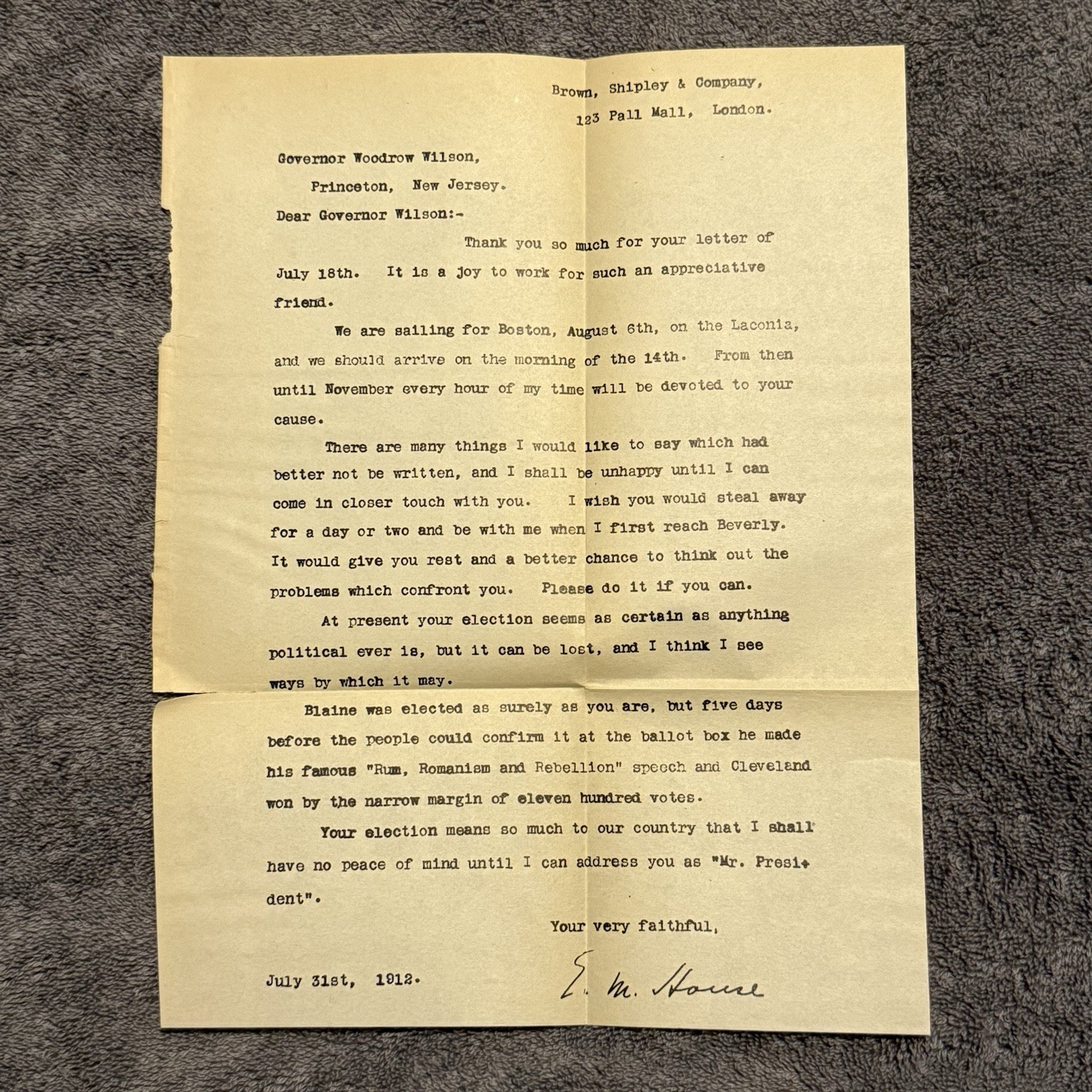 1912 E.M. House Signed Letter to Woodrow Wilson Presidential Election Campaign