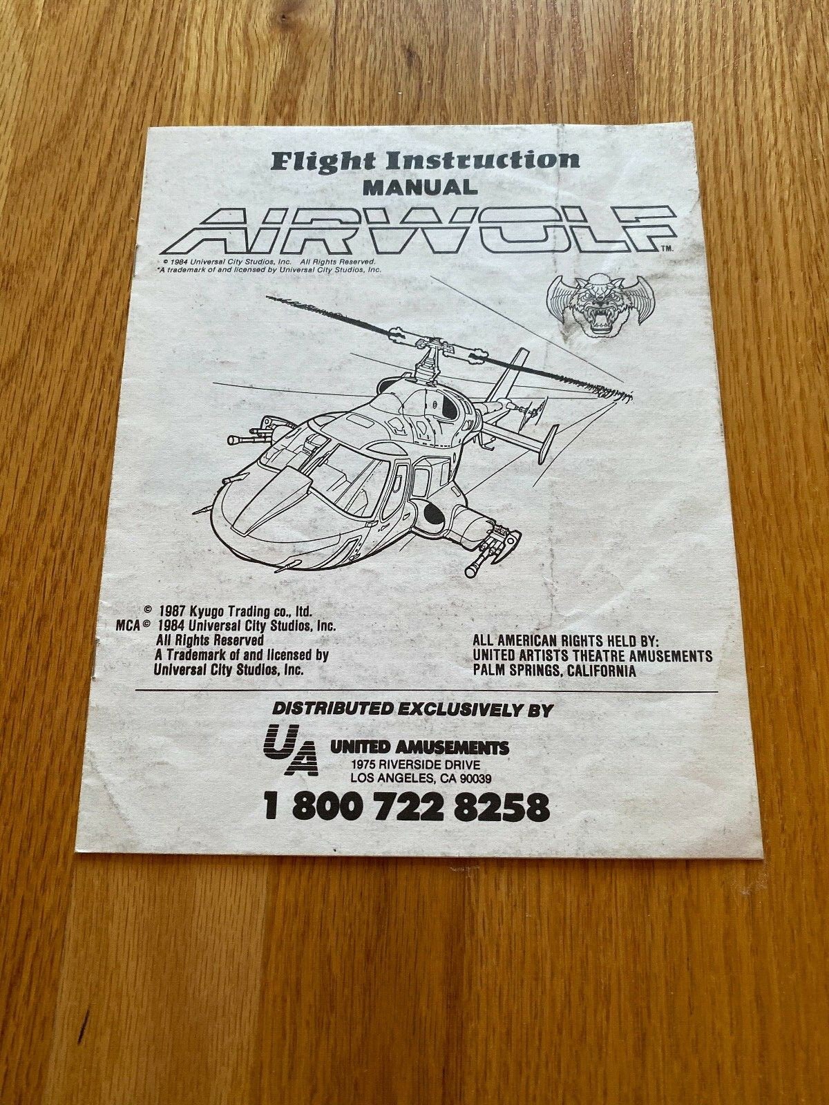 Airwolf Video Arcade Game Flight Instruction Manual, Kyuga 1987