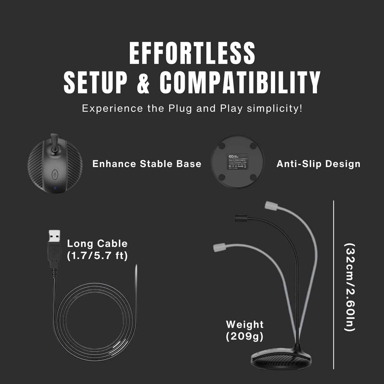 Gooseneck USB Microphone, PC, Plug Play, Mute Button, Omnidirectional, Gaming