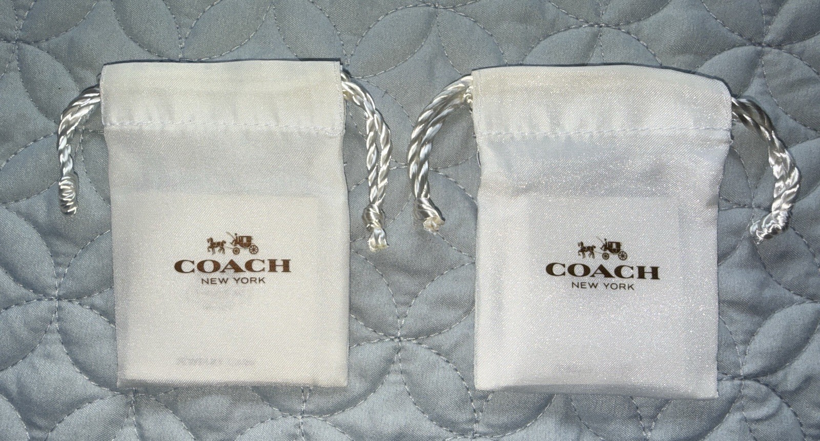 (2) TWO COACH NEW YORK WHITE DRAWSTRING SATIN BAGS/ JEWELRY POUCHES! NEW! RARE!