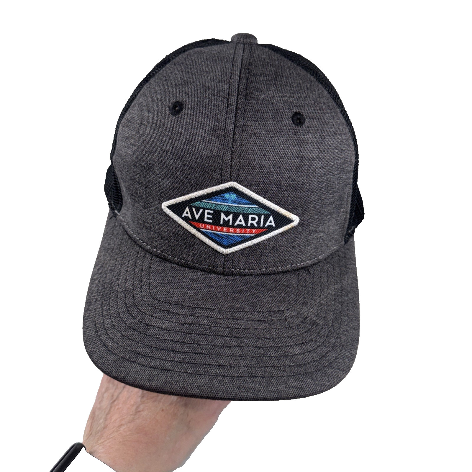 Ava Maria University Patch Dark Heather Gray w Black Mesh Hat SnapBack Zephyr