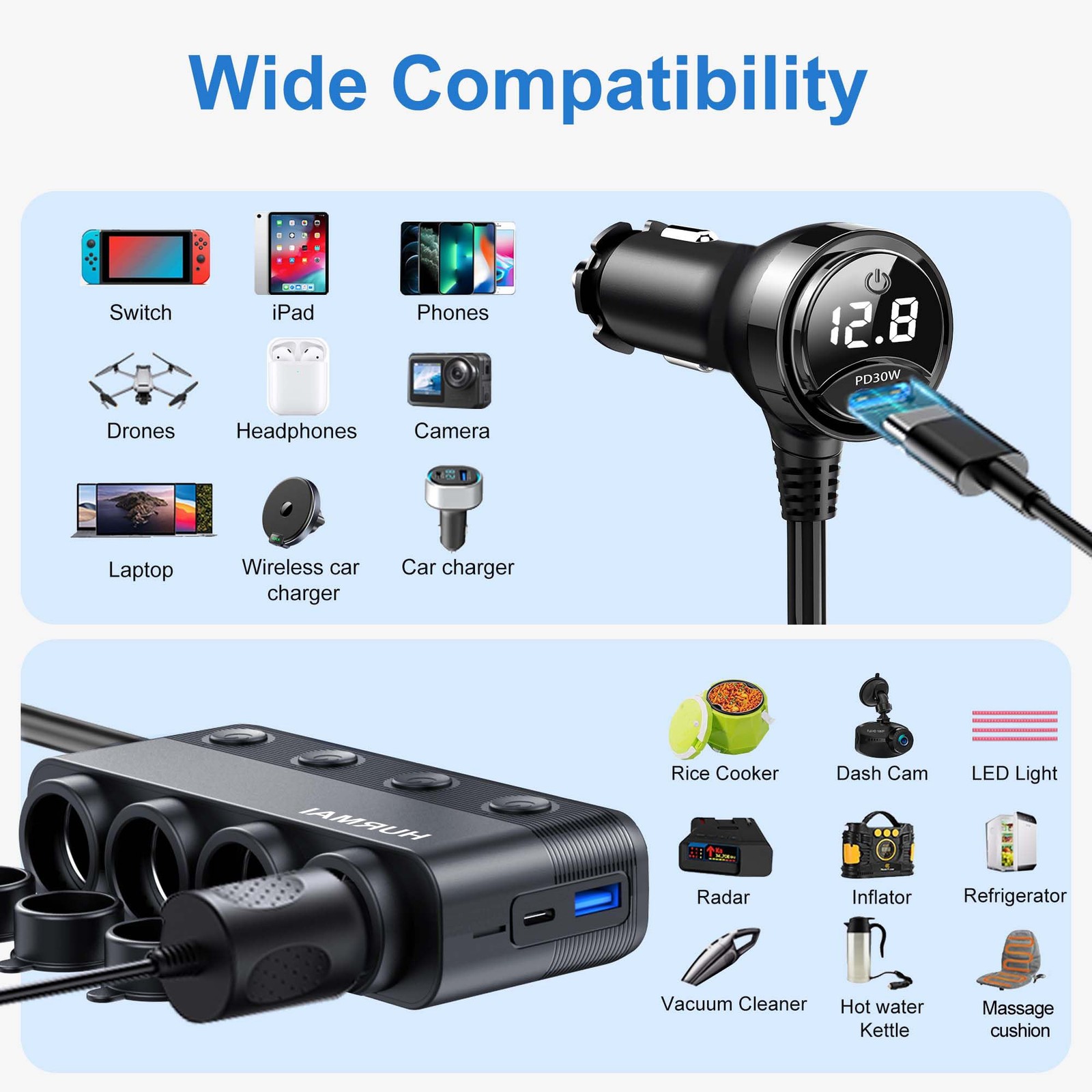 Cigarette Lighter Splitter Adapter 216W 4 Socket USB C PD30W QC3.0 12V 24V