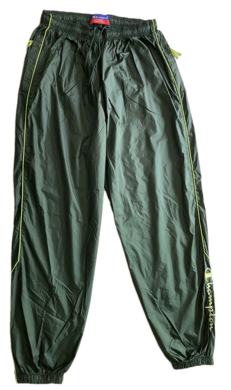Vtg Champion Track Pant Men XL Green/Neon Nylon Elastic Waist Side Stripe Jogger