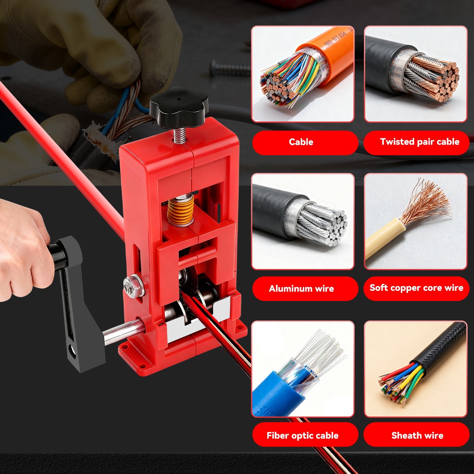 Wire Stripper Machine Hand Crank & Drill Driven Scrap Cable Peeler Tool 14AWG-1"