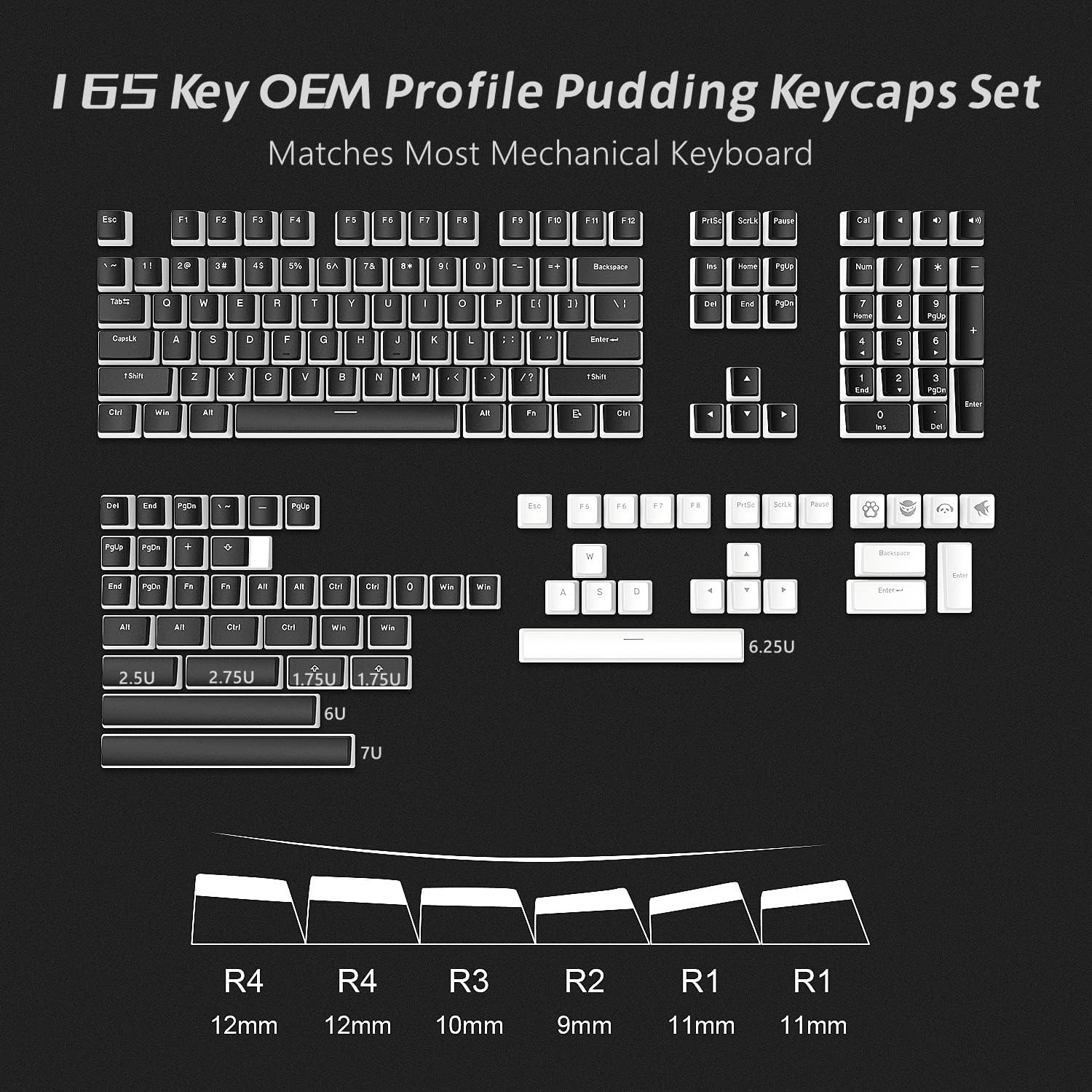 Womier Pudding Keycaps, 165-Key PBT Shine-Through Set for Mechanical Keyboards