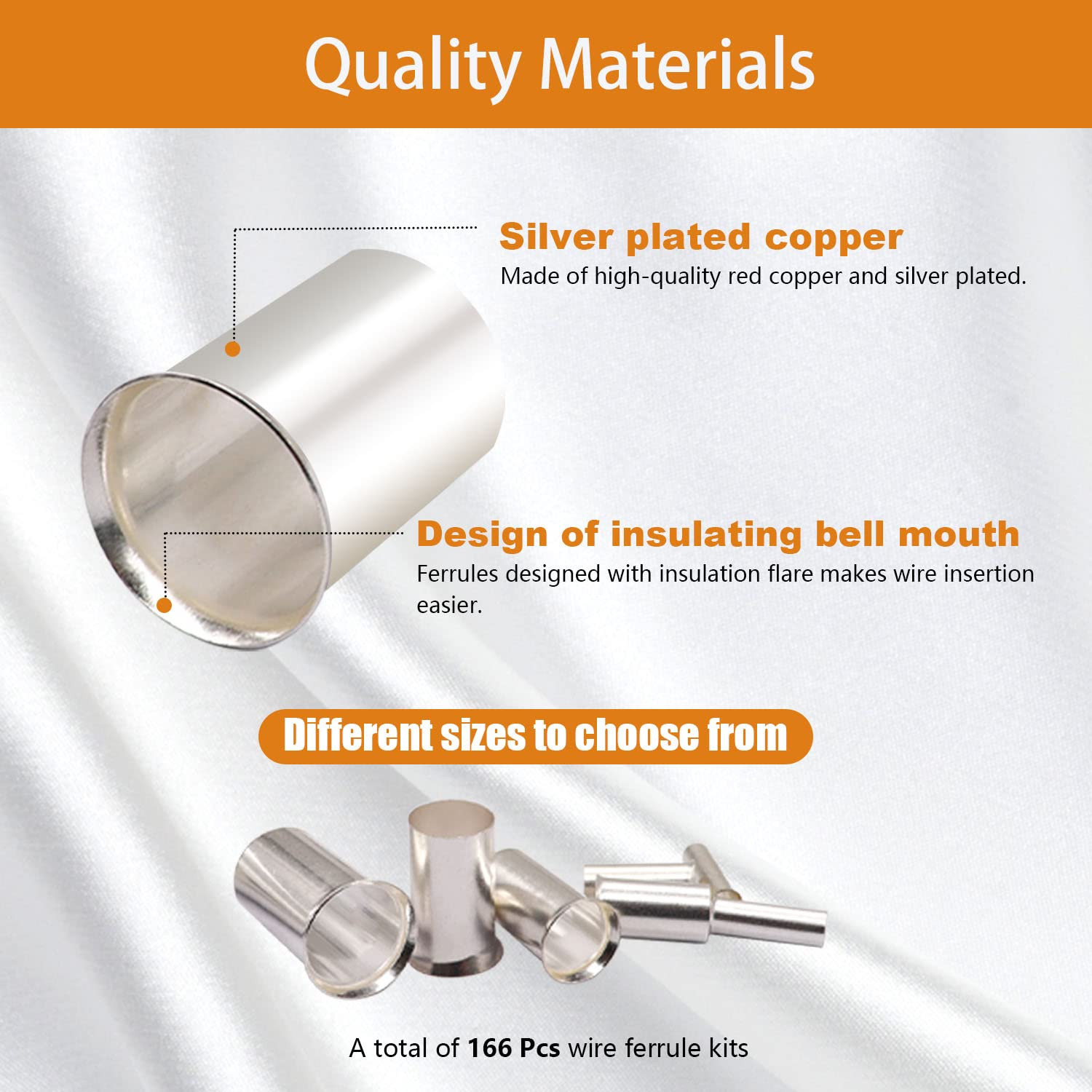 Wire Ferrules Kit 166Pc Silver Plated Copper Crimp Terminals Assorted AWG Sizes