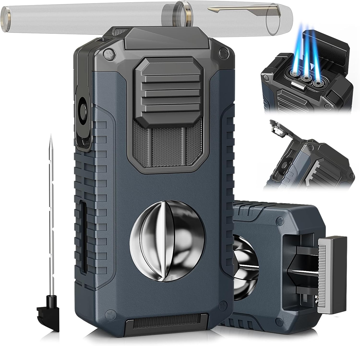 All-in-One Cigar Torch Lighter with V Cigar Cutter,Holder,Father's Day Gift for