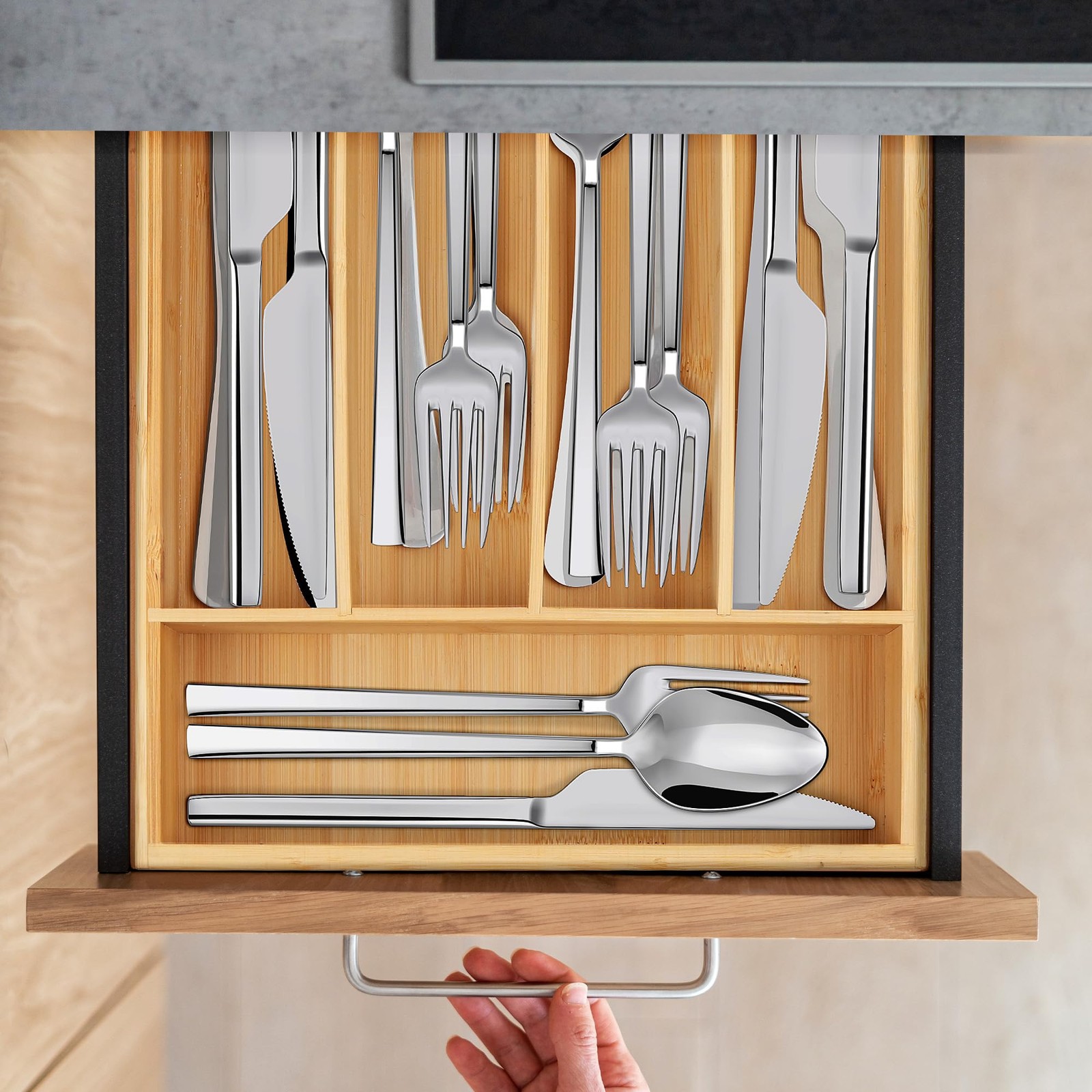 LotFancy Bamboo Kitchen Drawer Organizer, 9.5 Inch Silverware Light