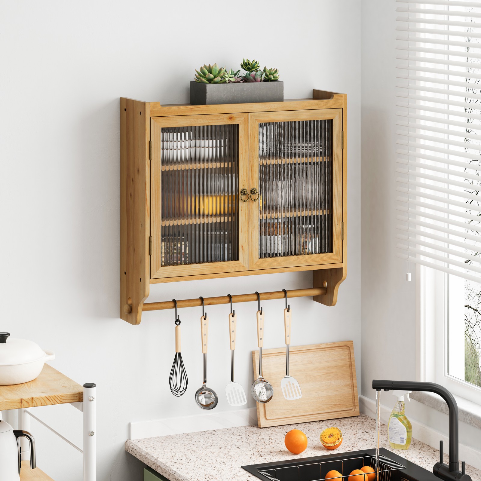 24.8''Glass Door Vintage Double Door Wall Cabinet With Three Tiers of Storage